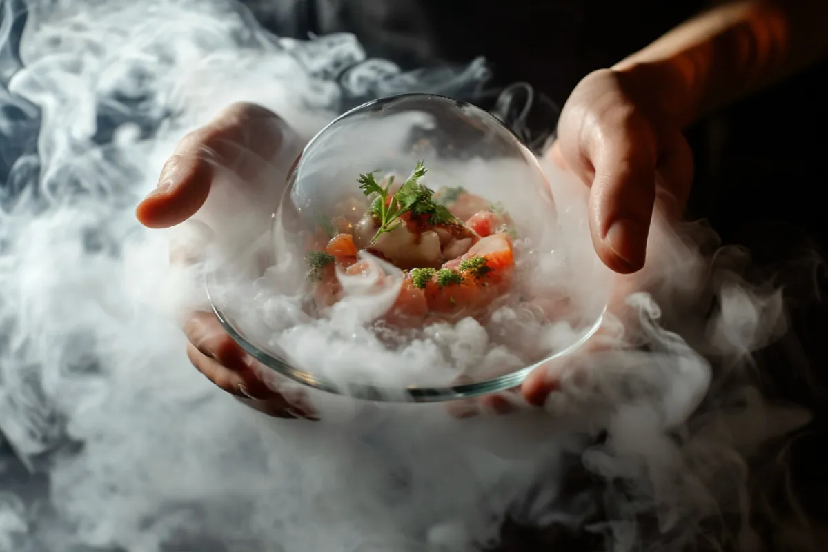 Prato de gastronomia molecular com alimento dentro de uma esfera transparente envolta por fumaça