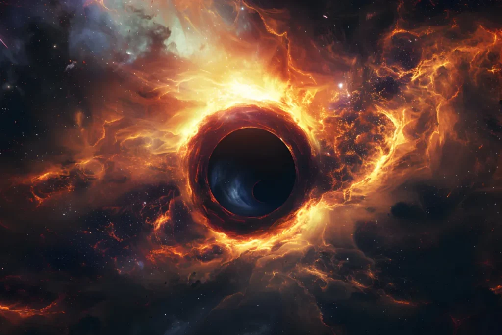 Buraco negro com intensa energia luminosa ao redor formando um halo brilhante no espaço