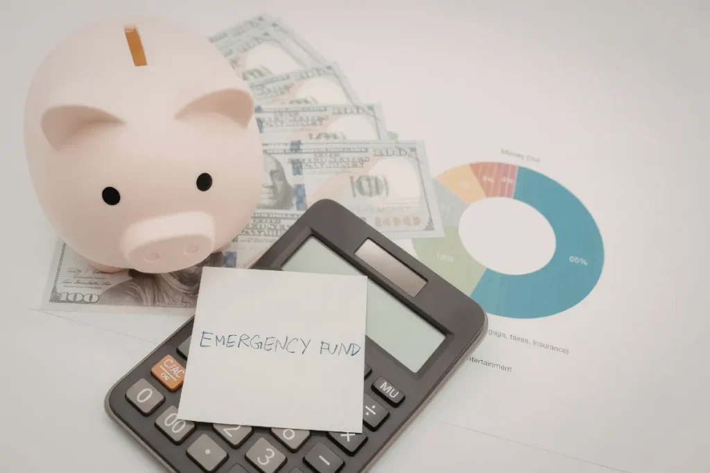 Cofrinho, calculadora e dinheiro sobre documentos financeiros com anotação emergency fund