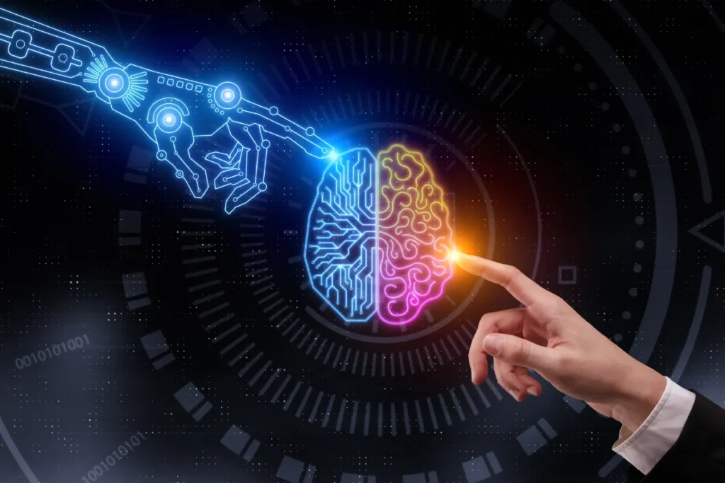 Mão humana e robótica tocando um cérebro digital dividido, representando a integração entre inteligência humana e artificial