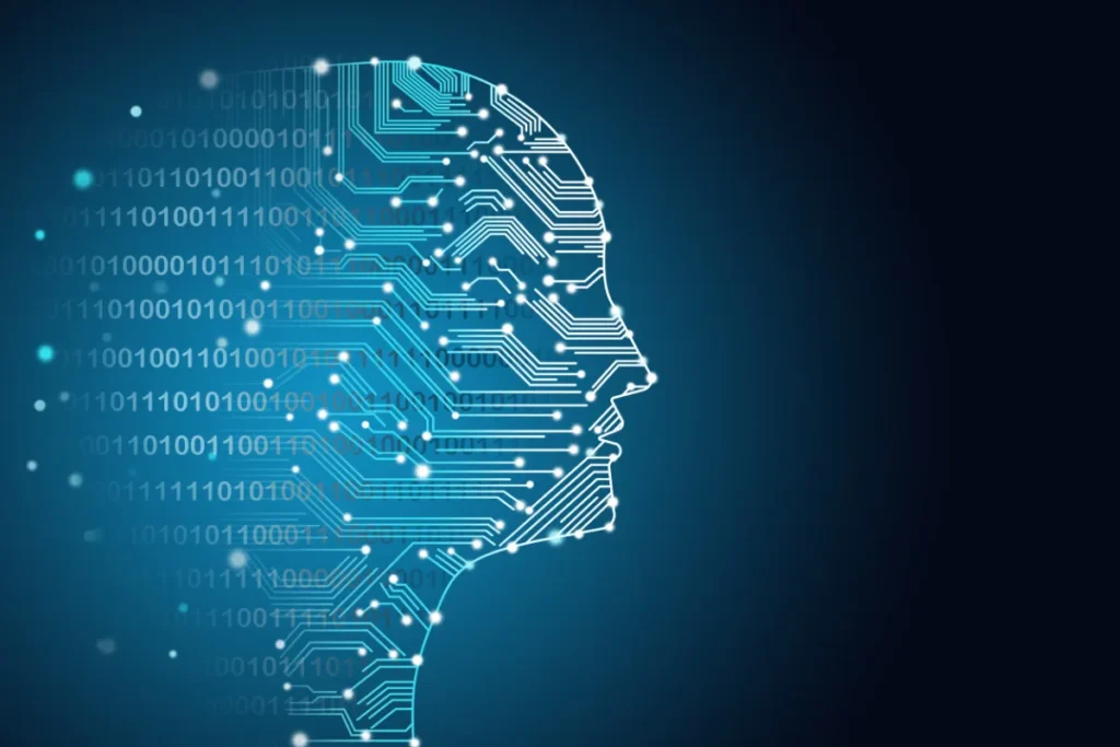 Perfil humano formado por circuitos e códigos binários, representando algoritmos e funcionamento da inteligência artificial