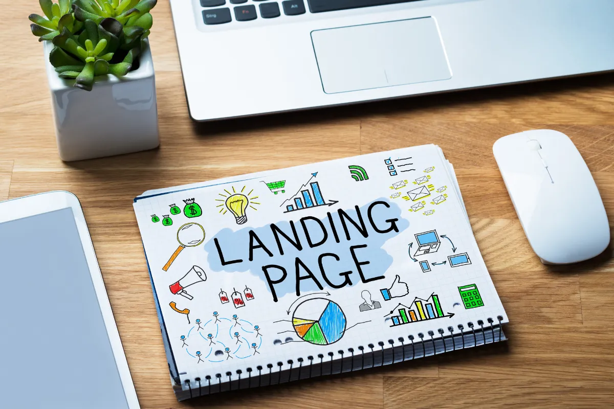 Caderno com anotações e ilustrações sobre landing page ao lado de notebook e smartphone, representando planejamento de marketing digital